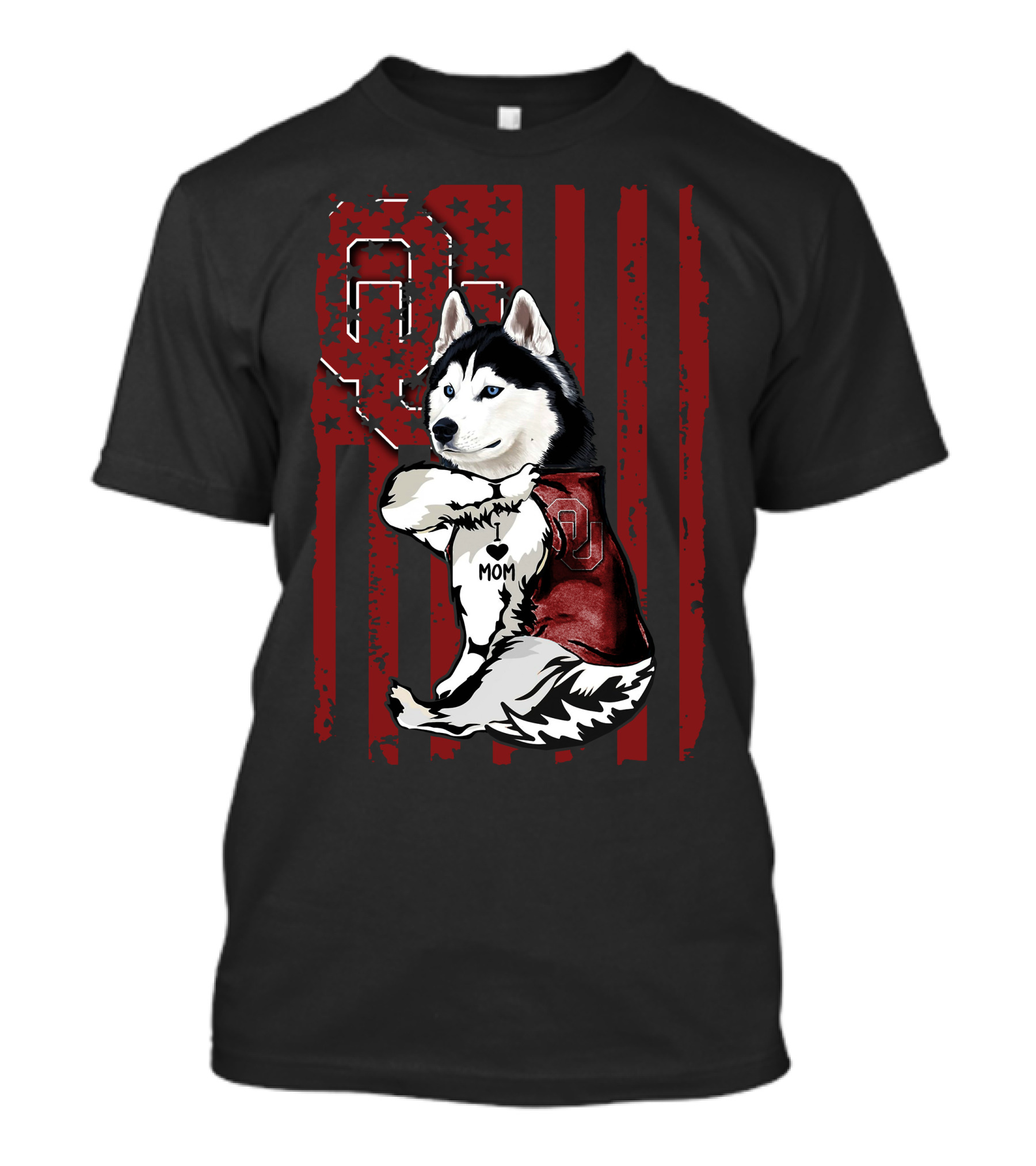 Siberian Husky Oklahoma Sooners Mom With American Flag And OU T-Shirt
