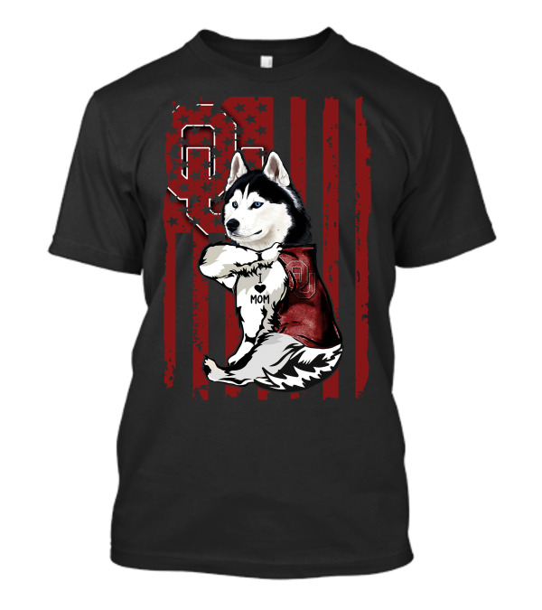 Siberian Husky Oklahoma Sooners Mom With American Flag And OU T-Shirt