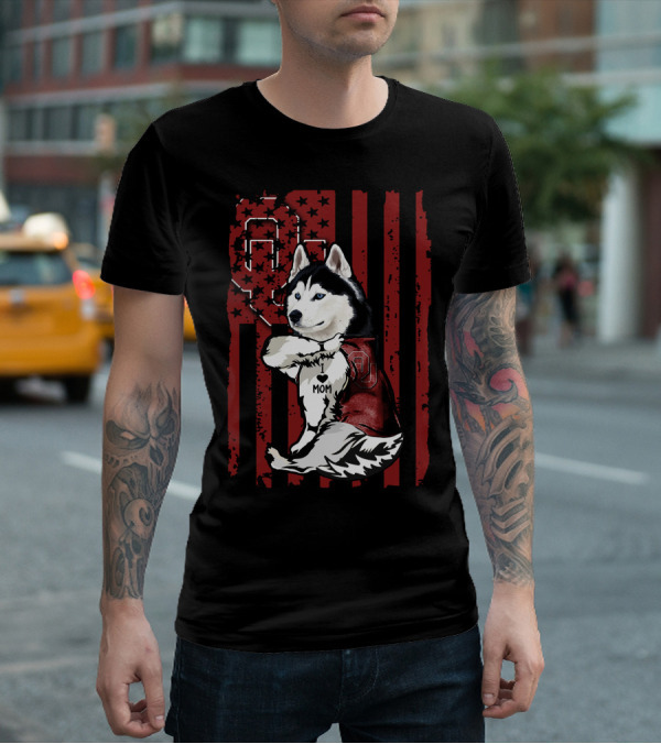 Siberian Husky Oklahoma Sooners Mom With American Flag And OU T-Shirt