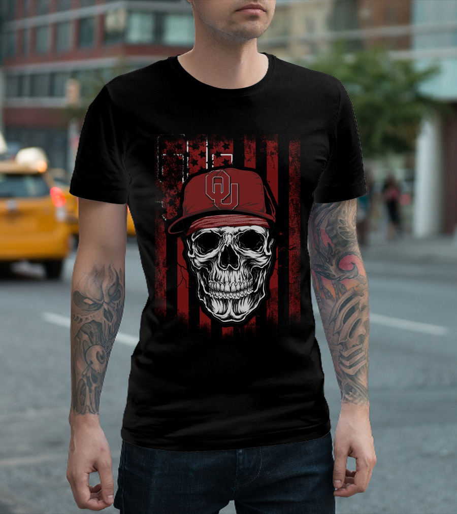 Skull With Oklahoma Sooners OU Cap On Distressed Red And Black Flag Background T-Shirt