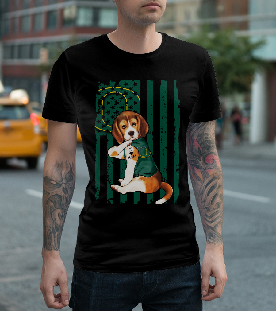 Beagle I Love Mom Oregon Ducks American Flag T-Shirt