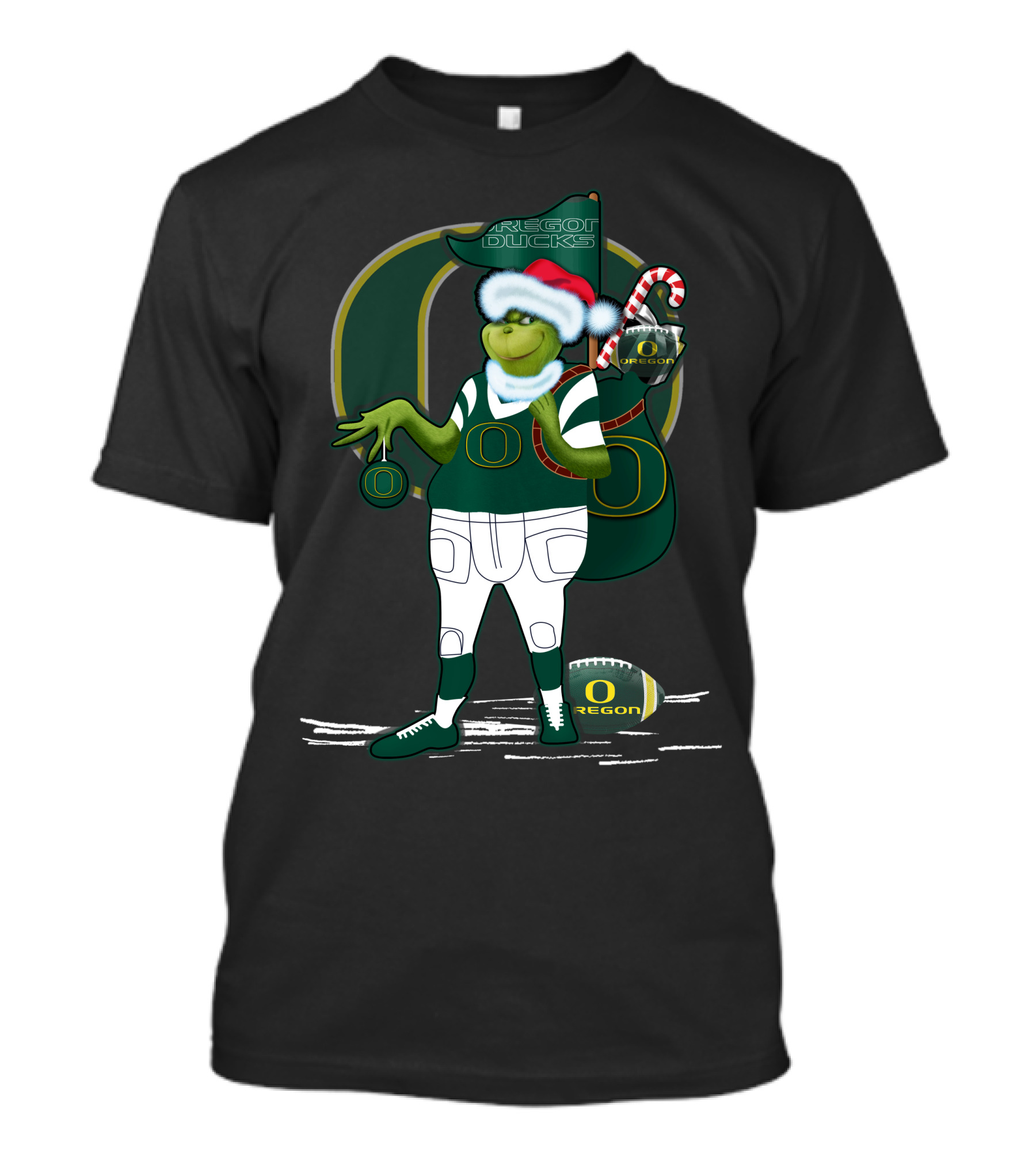 Oregon Ducks Grinch Santa With Candy Cane And Football T-Shirt
