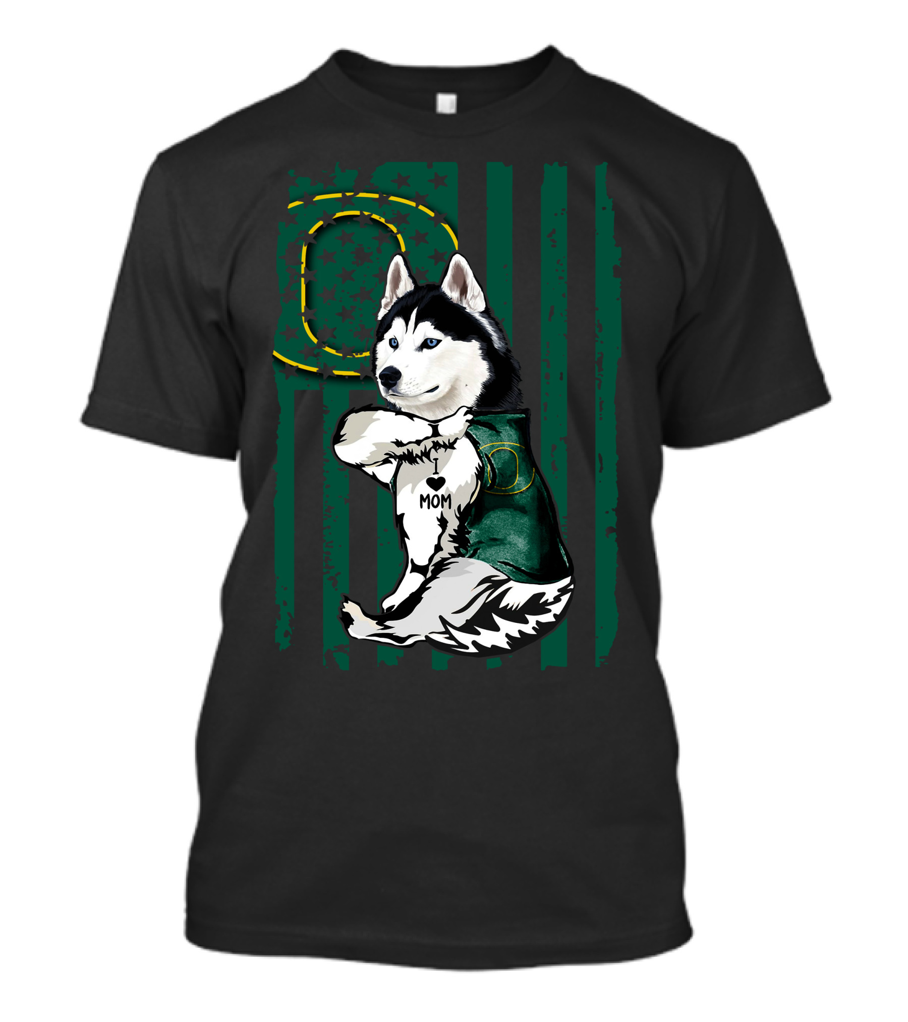 Siberian Husky Oregon Ducks I Love Mom Flag And Stars T-Shirt
