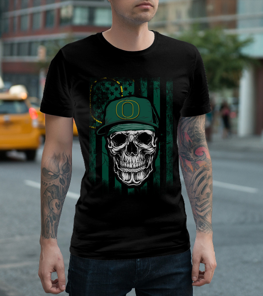 Skull With Oregon Ducks Cap On Green T-Shirt