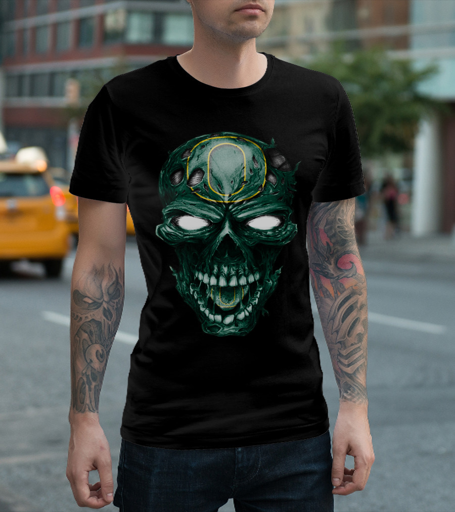 Skull Oregon Ducks Green Zombie Head With Neon O T-Shirt
