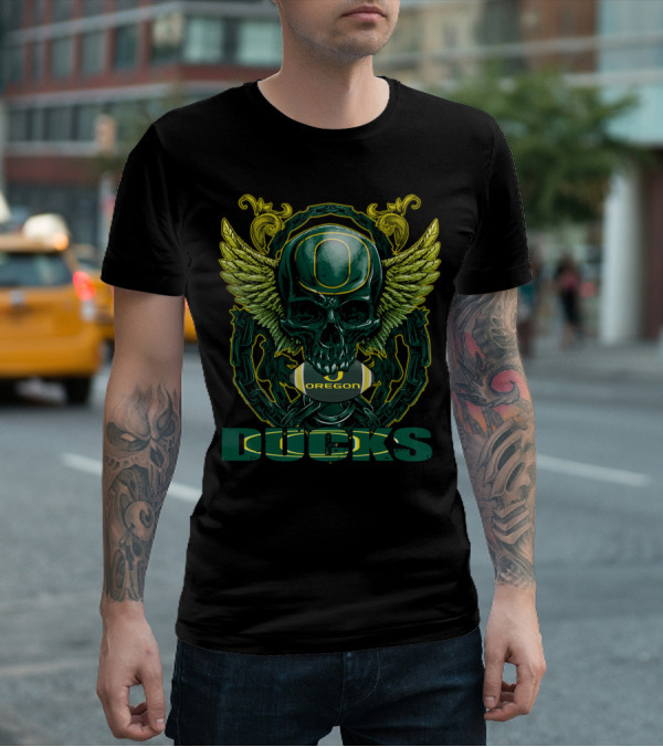 SkullFB Oregon Ducks Football Skull Design With Wings And Chains T-Shirt
