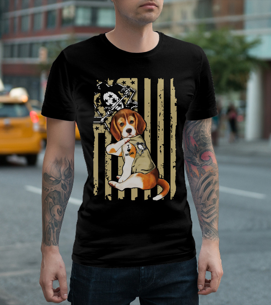 Beagle I Love Mom Pittsburgh Penguins American Flag T-Shirt