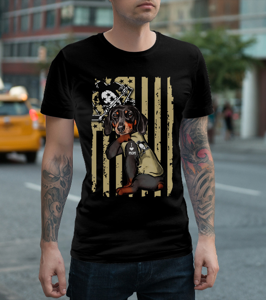 Pittsburgh Penguins Dachshund I Love Mom American Flag T-Shirt