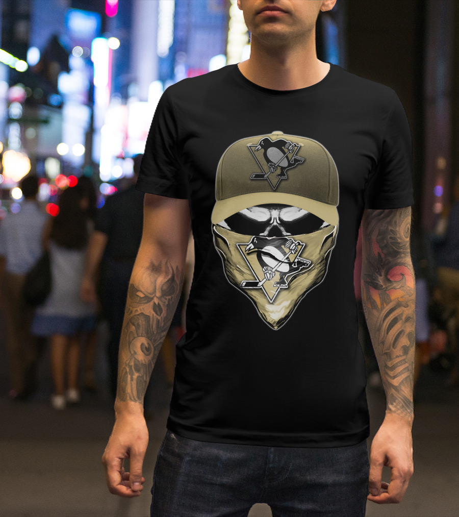 Skull With Pittsburgh Penguins Logo Hat And Bandana T-Shirt