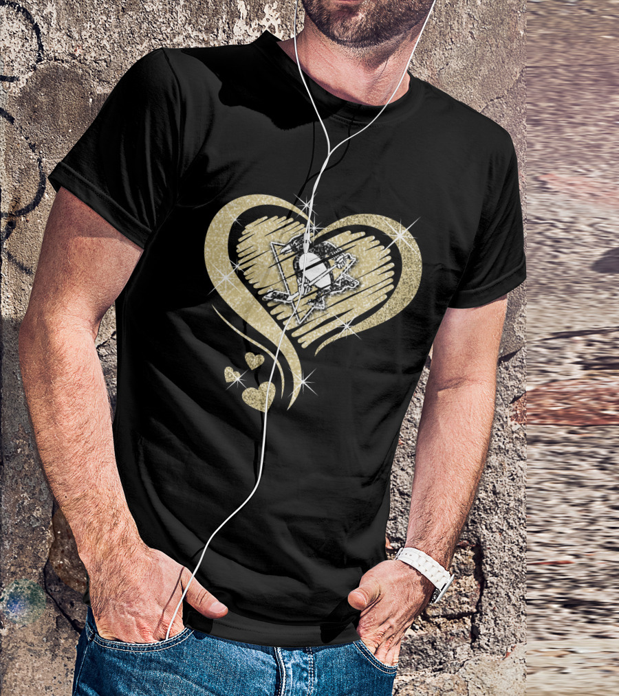 Heart Diamond Pittsburgh Penguins Logo Gold Sparkle T-Shirt