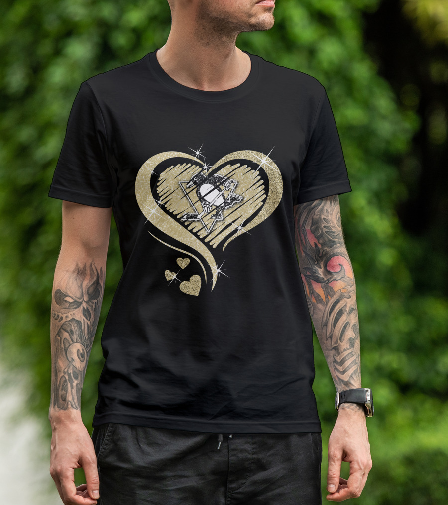 Heart Diamond Pittsburgh Penguins Logo Gold Sparkle T-Shirt