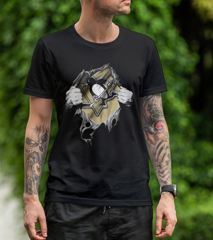 Pittsburgh Penguins Torn Hockey Logo With Ripped Hands T-Shirt