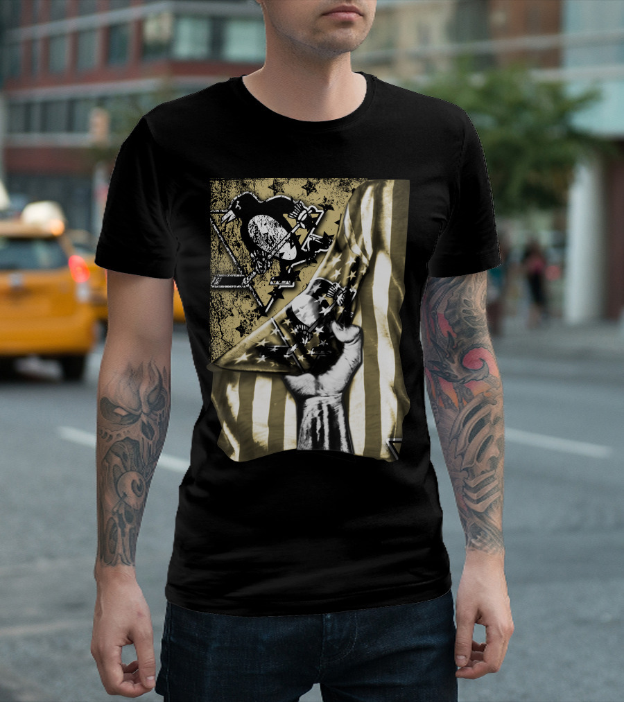 Pittsburgh Penguins Logo with American Flag and Raised Fist T-Shirt