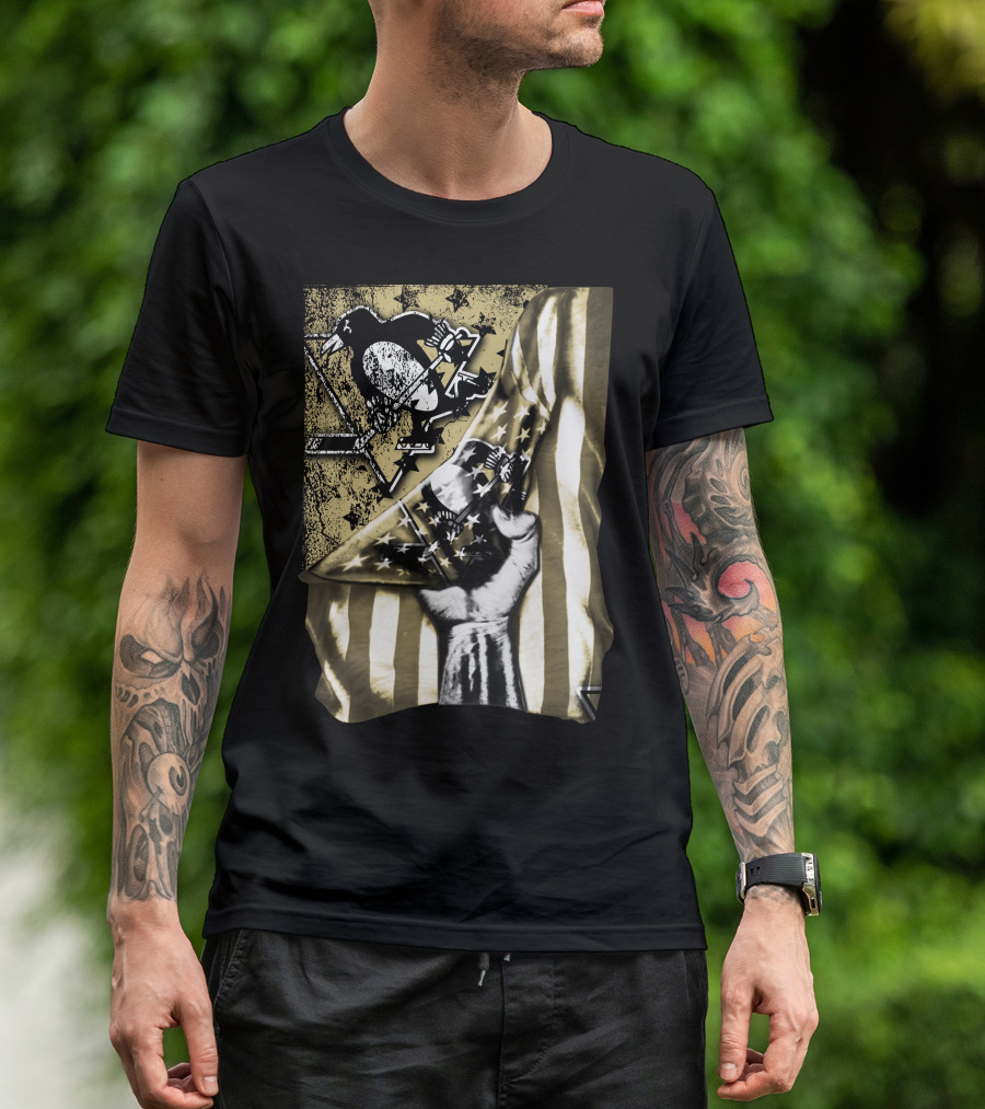 Pittsburgh Penguins Logo With American Flag And Raised Fist T-Shirt