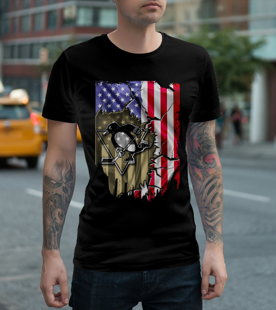 Pittsburgh Penguins American Flag Ripped Background T-Shirt