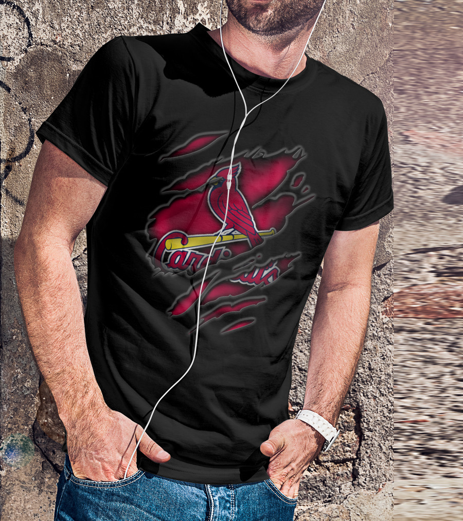 Torn St. Louis Cardinals Red Bird On Bat Black Claw Marks T-Shirt