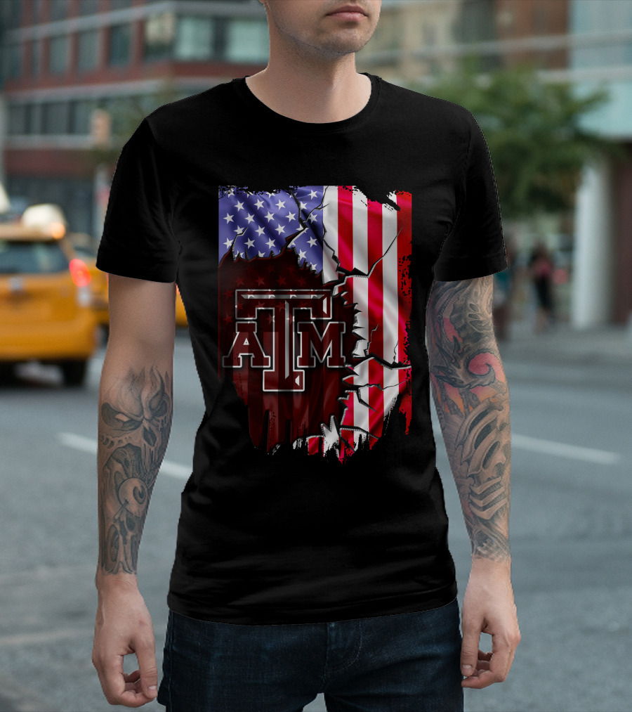 Texas A&M Aggies American Flag Torn Background T-Shirt