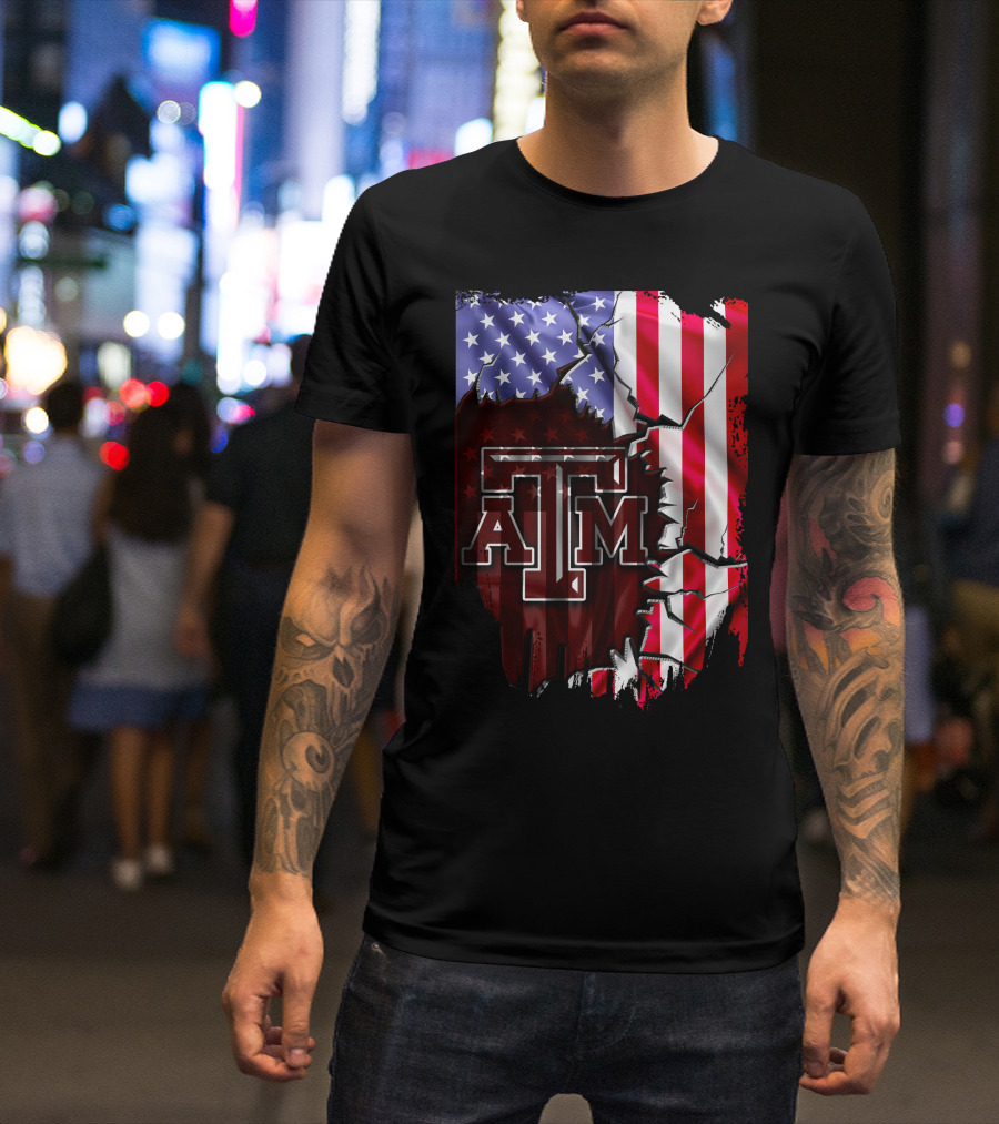 Texas A&M Aggies American Flag Torn Background T-Shirt