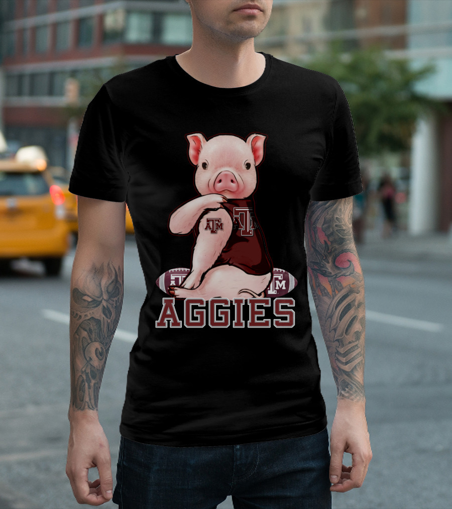 Pig Wearing Texas A&M Aggies Logo Sitting on Aggies Football T-Shirt