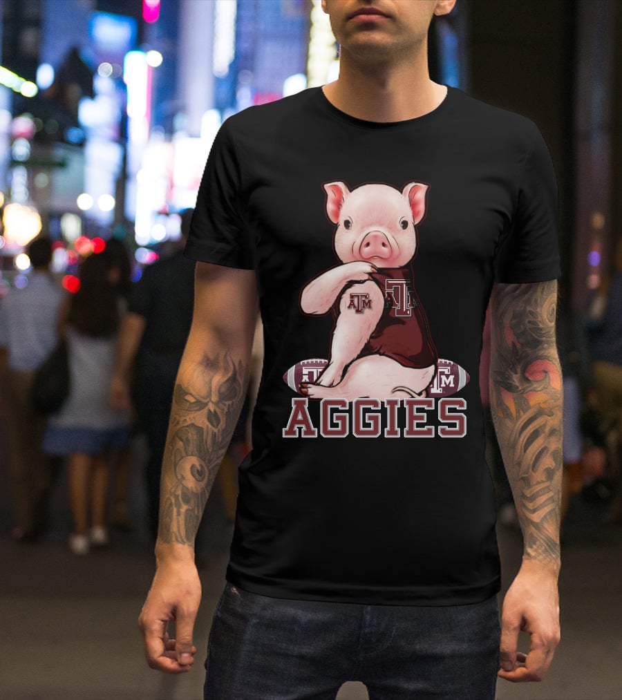 Pig Wearing Texas A&M Aggies Logo Sitting On Aggies Football T-Shirt