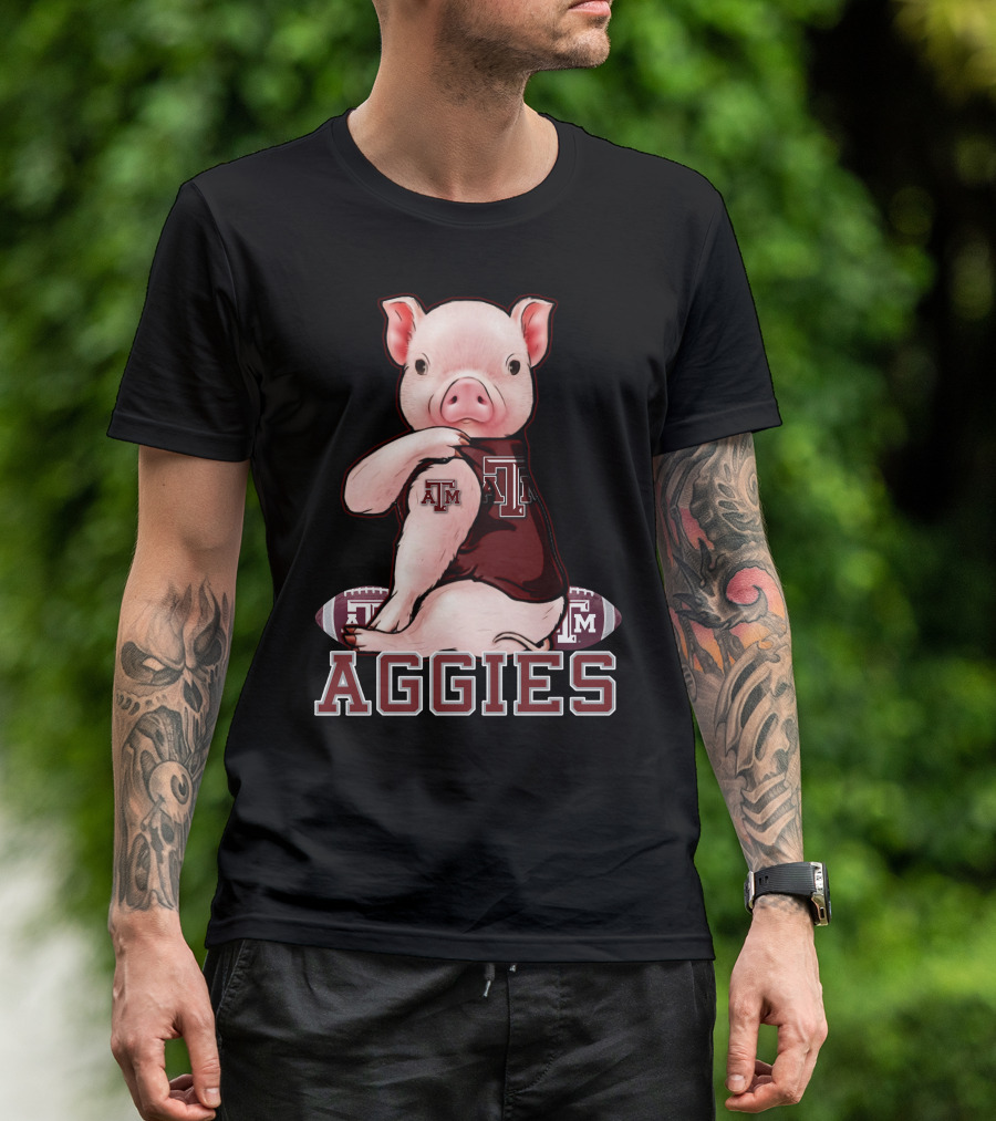 Pig Wearing Texas A&M Aggies Logo Sitting On Aggies Football T-Shirt