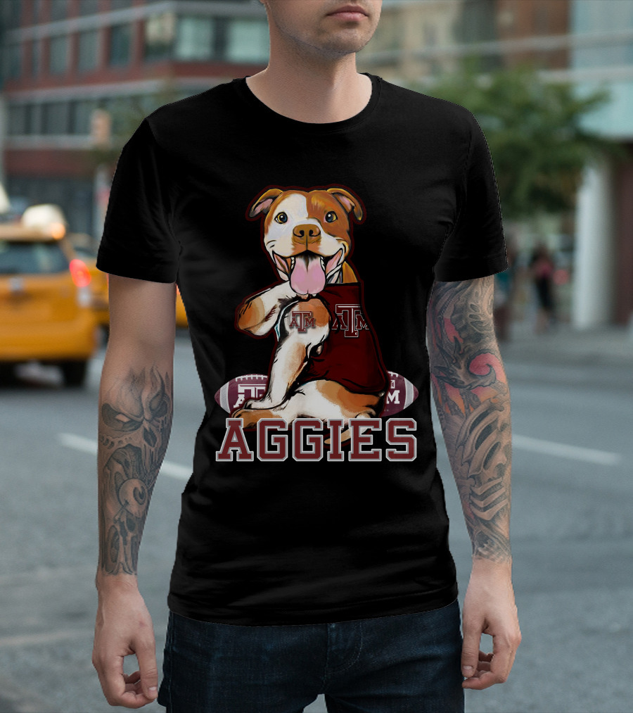 Pitbull Wearing Texas A&M Aggies Logo with Football T-Shirt