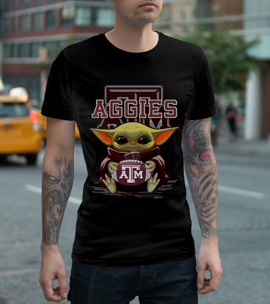 Texas A&M Aggies Baby Yoda Holding Football T-Shirt