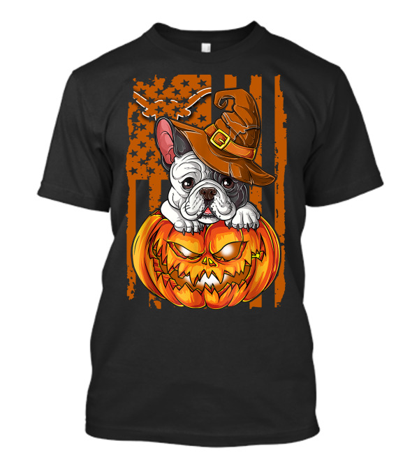 Hlw Bulldog Halloween Pumpkin Wizard Hat Stars Stripes T-Shirt