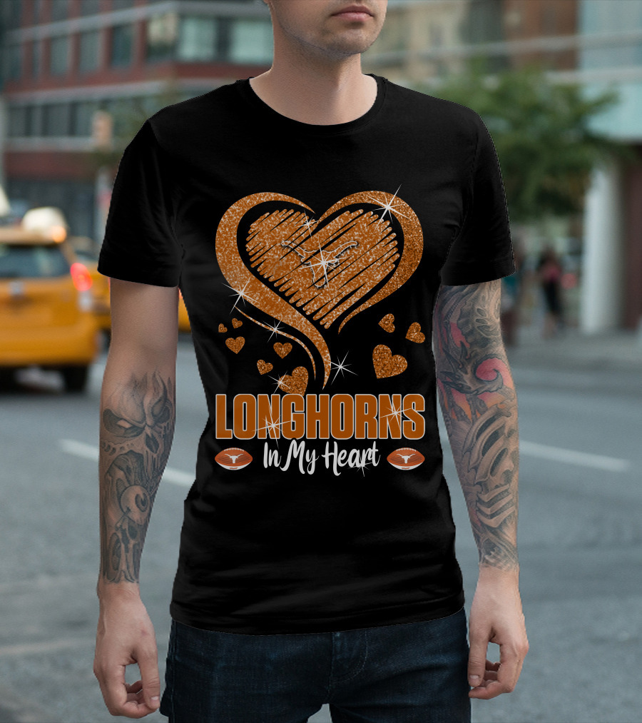 Longhorns In My Heart Glittering Orange With Football Icons T-Shirt