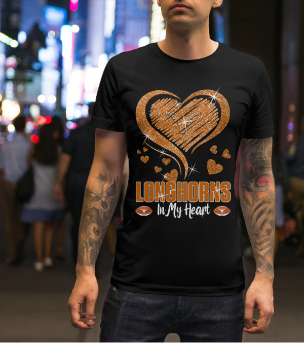 Longhorns In My Heart Glittering Orange With Football Icons T-Shirt