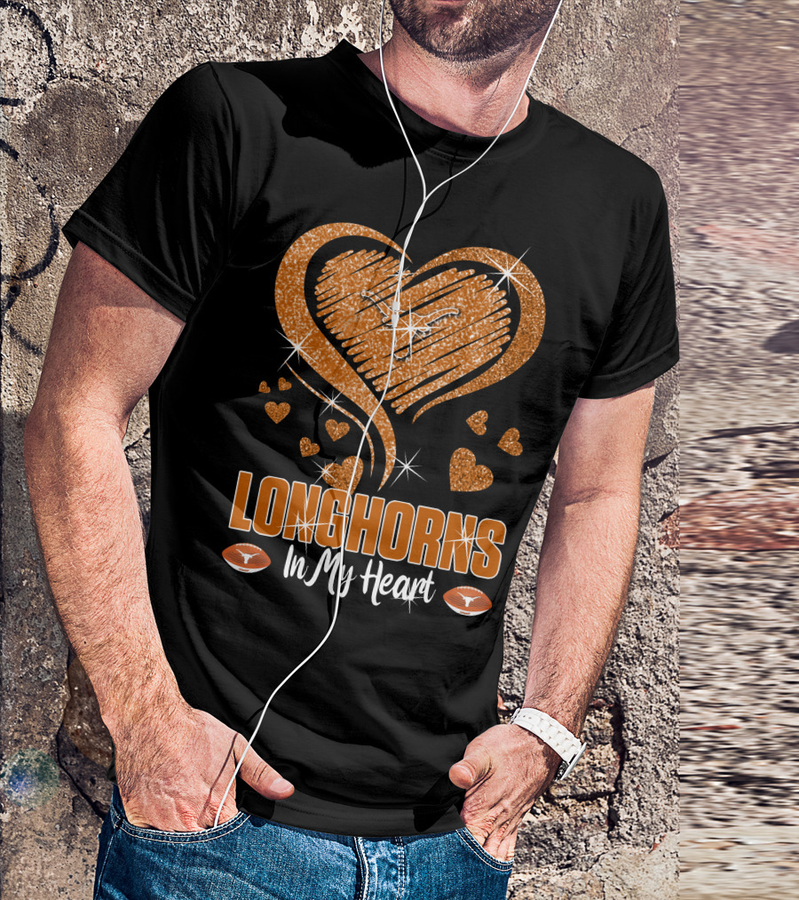 Longhorns In My Heart Glittering Orange With Football Icons T-Shirt