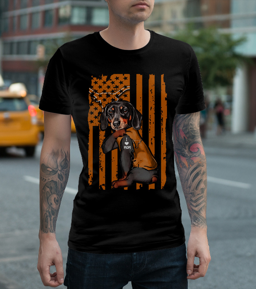 Dachshund I Love Mom Texas Longhorns American Flag Stars Stripes T-Shirt
