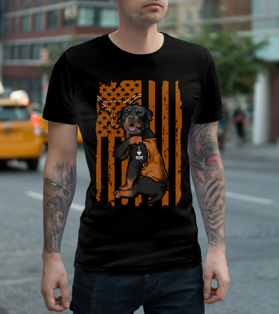 Rottweiler I Love Mom Texas Longhorns American Flag Stripes T-Shirt