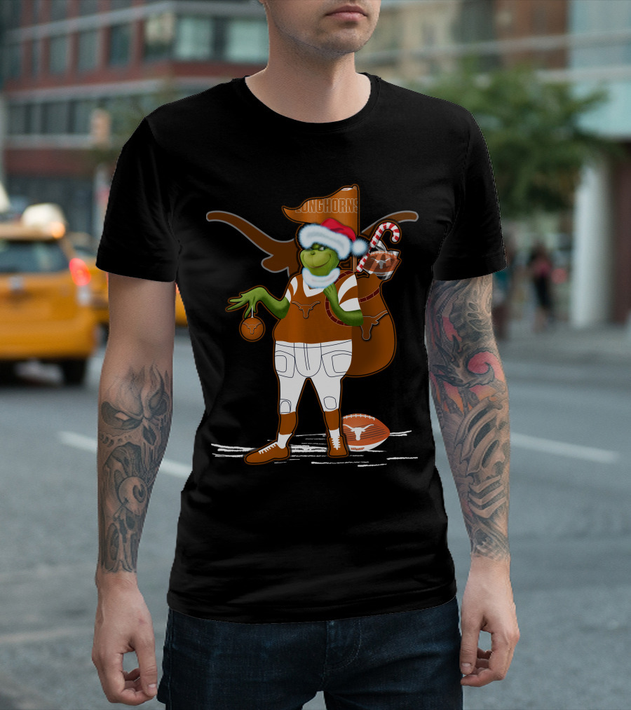 Grinchxmas Longhorns Santa Hat Football Candy Cane T-Shirt