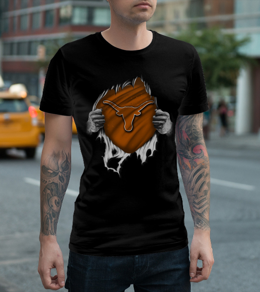 Torn Texas Longhorns Logo Revealed Behind Ripped Fabric T-Shirt