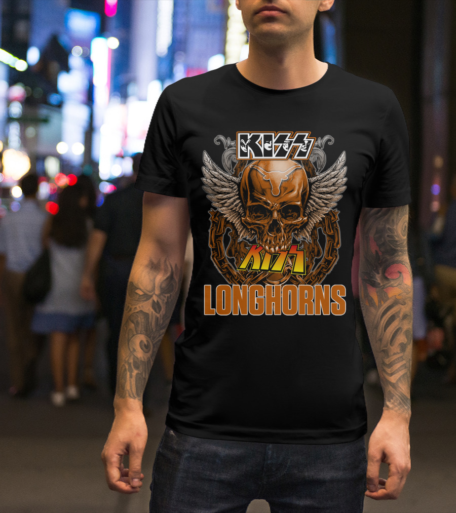 Kiss Texas Longhorns Skull With Wings And Chains T-Shirt