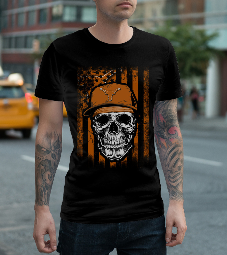 Skull Texas Longhorns Orange Hat Grunge Flag T-Shirt