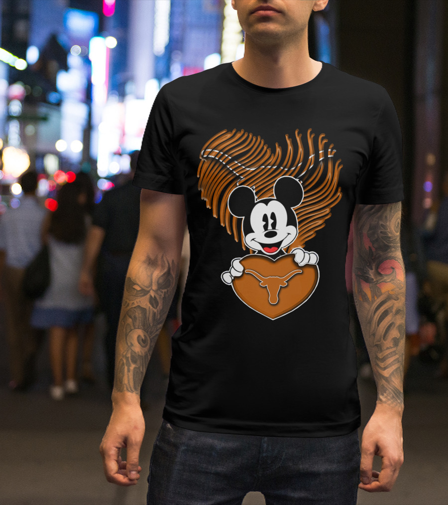 Mick Mouse And Texas Longhorns Heart T-Shirt
