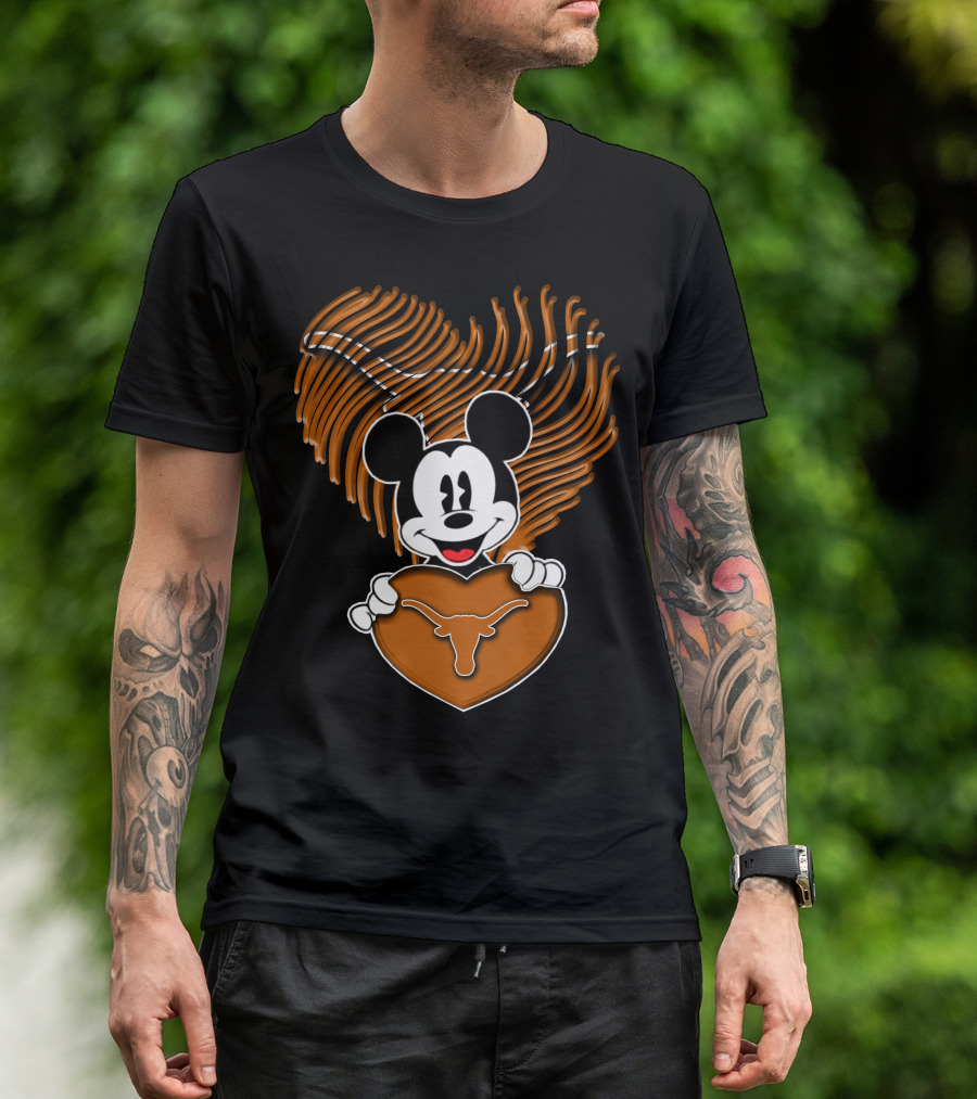 Mick Mouse And Texas Longhorns Heart T-Shirt