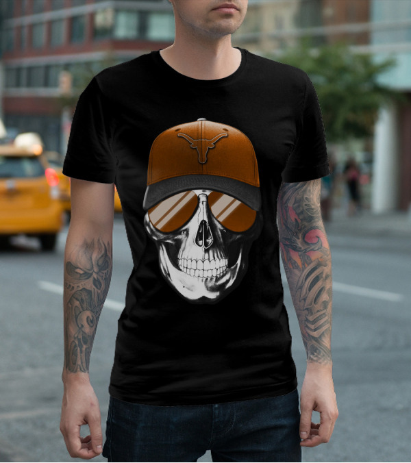Skull With Texas Longhorns Cap And Sunglasses T-Shirt