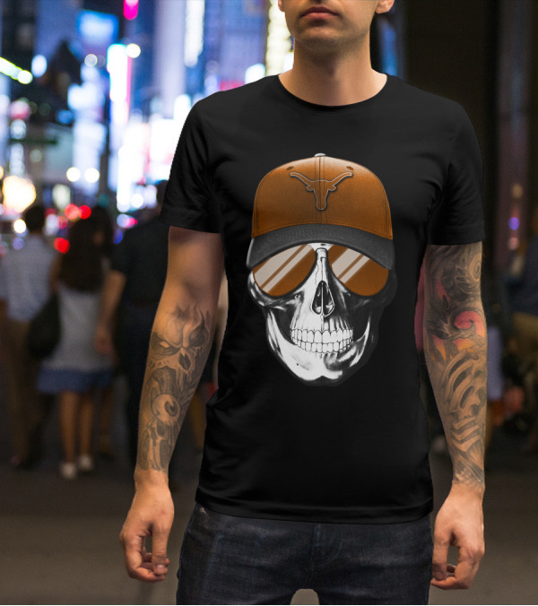 Skull With Texas Longhorns Cap And Sunglasses T-Shirt