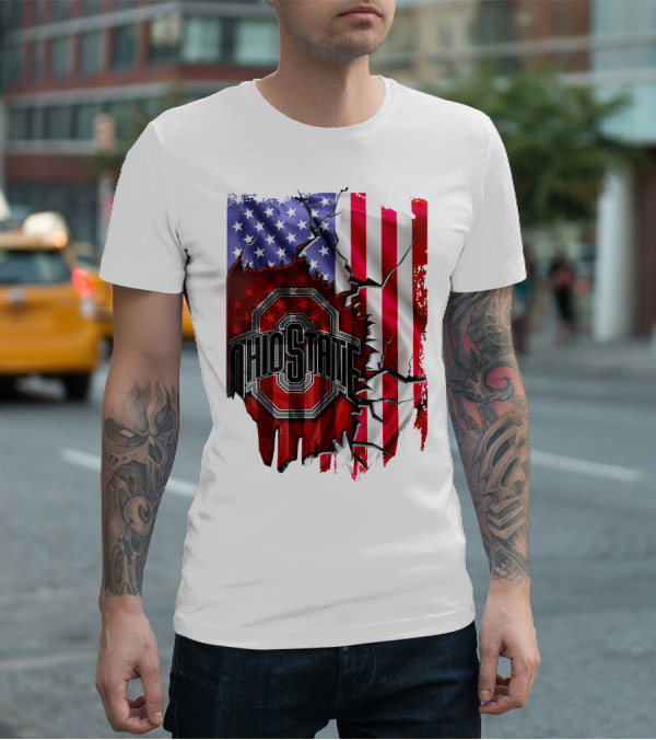 Ohio State Buckeyes Logo With Torn American Flag Background T-Shirt