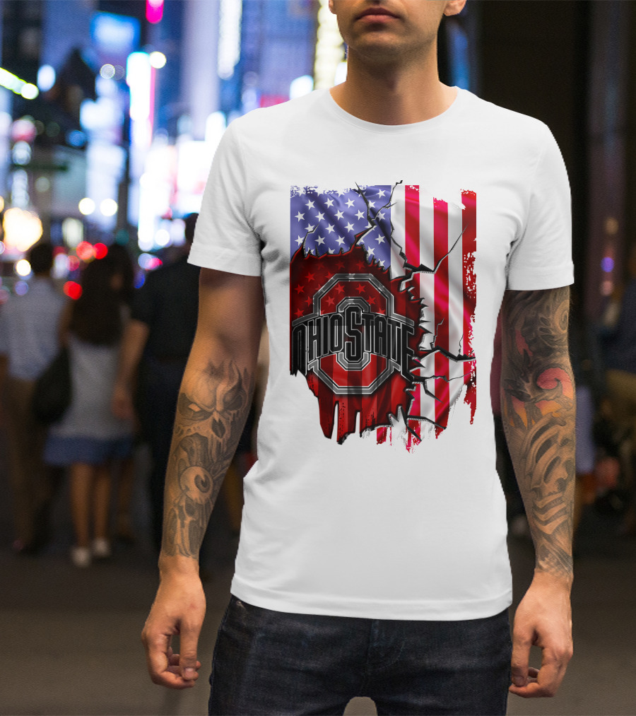 Ohio State Buckeyes Logo With Torn American Flag Background T-Shirt