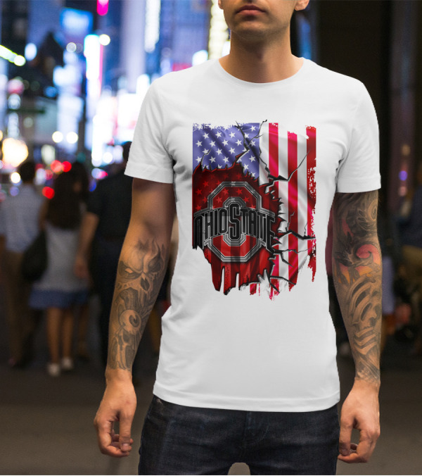 Ohio State Buckeyes Logo With Torn American Flag Background T-Shirt