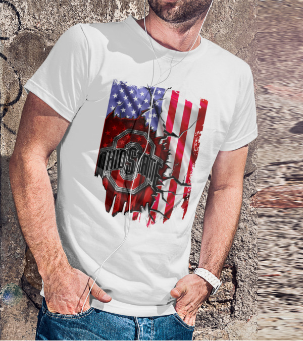 Ohio State Buckeyes Logo With Torn American Flag Background T-Shirt