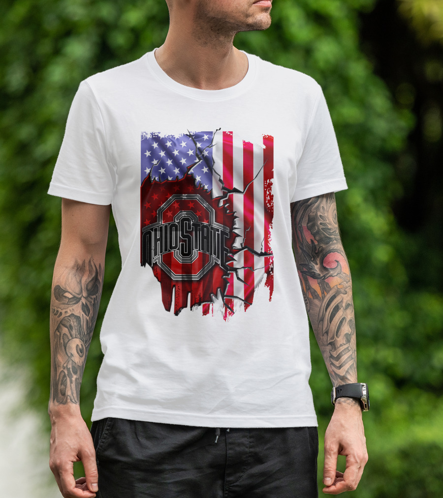 Ohio State Buckeyes Logo With Torn American Flag Background T-Shirt
