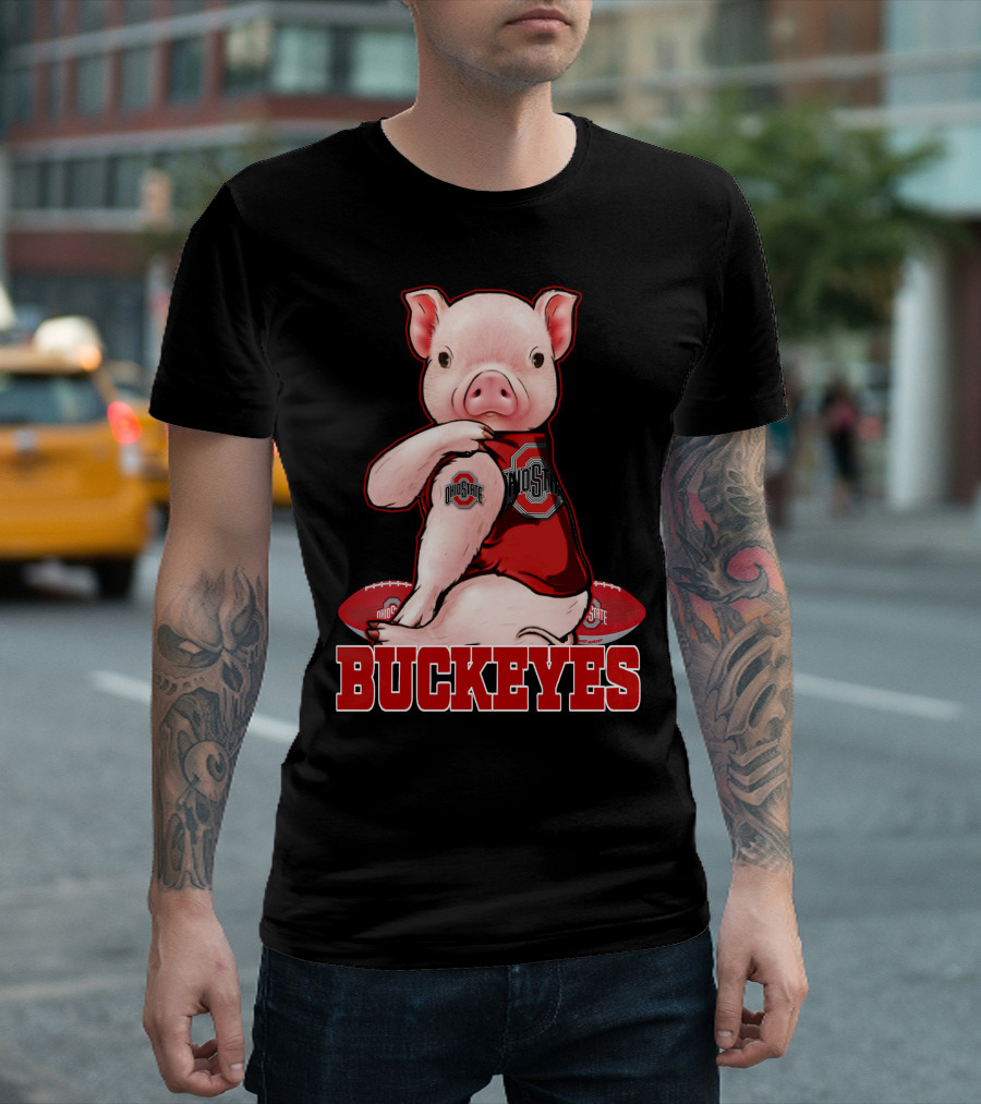 Pig Wearing Ohio State Buckeyes Gear with Footballs T-Shirt