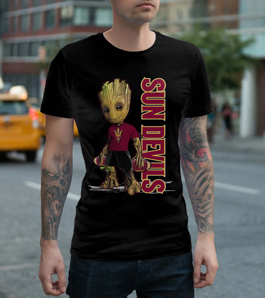 Groot Sun Devils Football Character in Maroon and Gold Team T-Shirt