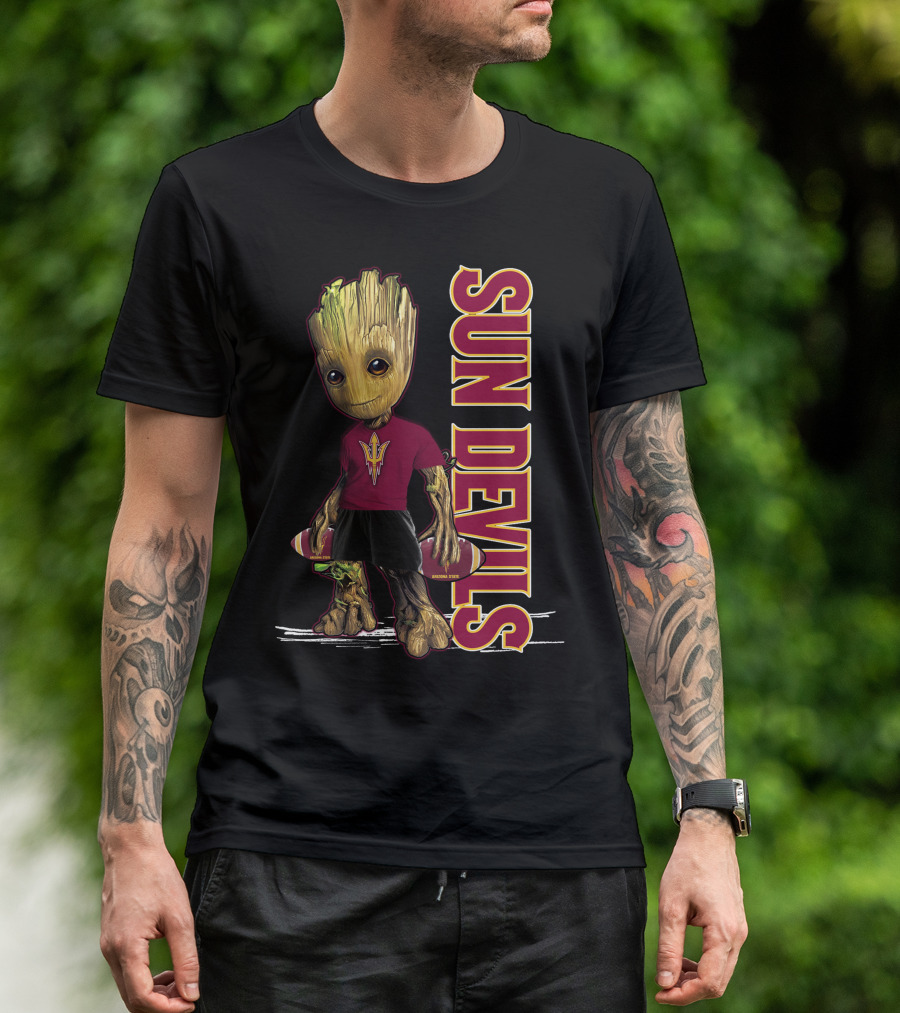 Groot Sun Devils Football Character In Maroon And Gold Team T-Shirt