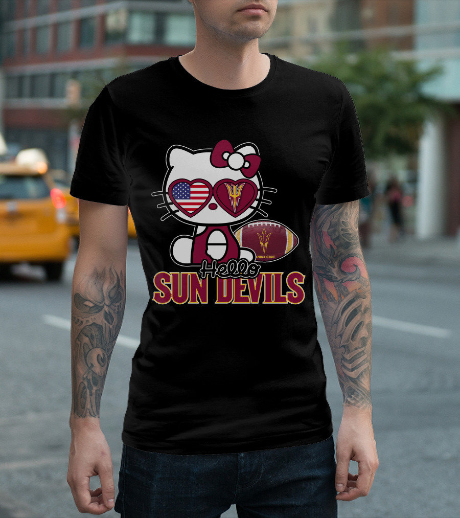 Hello Kitty Arizona State Sun Devils Football USA Heart Glasses T-Shirt